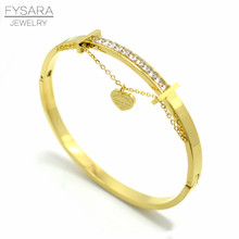 Fysara pulseira feminina de aço inoxidável, bracelete de marca de luxo forever amantes com etiqueta de coração, bracelete com cristais quadrados, pulseira feminina 2024 - compre barato