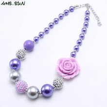 MHS.SUN Child Girls Chunky Beads Necklace With Rose Purple Flower Kids Toddler Chunky Bubblegum Necklace Handmade Jewelry 2024 - buy cheap