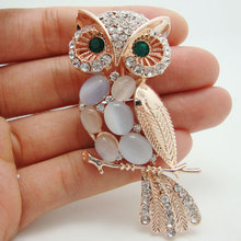 Lovely Sideways owl Bird Rose Gold Tone Brooch Pin Multi-color Resin Beads Rhinestone Crystal 2024 - buy cheap