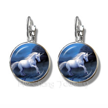Unicorn Horse Earrings 16mm Glass Dome Cabochon Charm Silver Plated Stud Earrings For Women Girl Best Gift 2024 - buy cheap