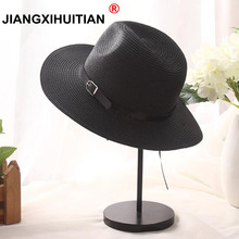 Sombrero sólido de paja para mujer, sombreros de playa informales con cinturón de Panamá, sombreros de sol Anti-UV Jazz, 3 colores 2024 - compra barato