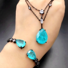 Conjuntos de joias gota gota azul água, para mulheres pedra de fusão, pingente único colar geométrico zircônia conjunto de pulseiras ajustável 2024 - compre barato