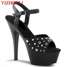 El último sexy remache negro de tacones altos de 15 cm, plataforma pole dance/performance/star/modelo, zapatos de baile de boda 2024 - compra barato