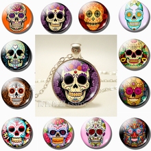 Sugar Skull Day of The Dead Photo Necklace Jewelry Accessories 25MM Glass Cabochons DIY Handmade Round Pendant Halloween Gift 2024 - buy cheap