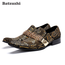 Batzuzhi sapatos masculinos formais de couro, calçados de luxo de designer de dedo fino para negócios, festa e casamento masculinos, sapatos dourados, tamanho grande us12 2024 - compre barato