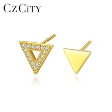 CZCITY Korean Asymmetric Triangle Zircon Stud Earrings for Women Unique Design 925 Sterling Silver Earrings Brand Fine Jewelry 2024 - buy cheap