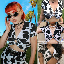 Summer Women Short Sleeve Turn-down Deep V-neck Cow Pattern Hole Tops Blouse 2024 - buy cheap
