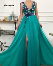 Sexy encantador verde longo vestido de noite tule a linha com decote em v sem mangas 3d flor cinto especial formal ocasião vestidos 2024 - compre barato