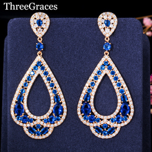 ThreeGraces joyería para fiesta de noche africana de lujo Color oro CZ piedra Micro Pave grande azul oscuro cuelga los pendientes para las mujeres ER178 2024 - compra barato