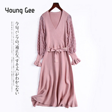 Young Gee Chic Autumn Elegant Pink Sweater Dress Women Sexy V-neck Sweet Flare Sleeve A Line Knit Mini Bodycon Slim Dresses 2024 - buy cheap