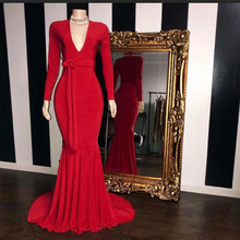 Real Sample Red Mermaid Prom Dresses Long 2020 Elegant V-neck Sash Long Sleeve African Black Girl Prom Dress With Train 2024 - buy cheap