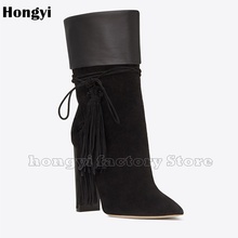 Fashion Suede PU Leather European Style Fringe Designer Boots Women Tassel Pointed Toe Mid-calf Gladiator Boot Black Winter Shoe 2024 - buy cheap