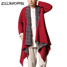 Reversible Mens Printed Linen Jacket Open Placket Scarf Collar Linen & Cotton Man Chinese Style Bohemian Coat Asymmetric Bottom 2024 - buy cheap