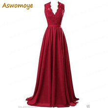 Aswomoye A Line Evening Dresses 2020 V-Neck Appliques Lace Royal Blue Red Black Chiffon Party Prom Gowns Custom Made 2024 - buy cheap