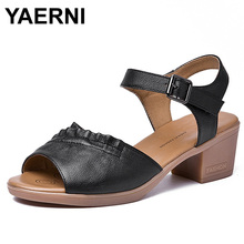 YAERNI-Sandalias de piel auténtica con correa y hebilla para mujer, zapatos planos, de verano 2024 - compra barato