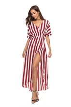 Summer Striped Sexy Dress Deep V-Neck Split Asymmetrical Long Dress Women Elastic Waist Short Sleeve Party Maxi Dress Female 2024 - buy cheap