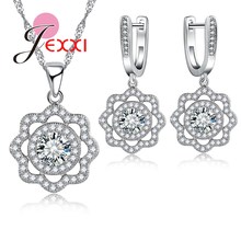 Charming Hollow Flower Wedding 925 Sterling Silver Necklace Pendant Earrings Women Shinning Cubic Zircon Jewelry Set 2024 - buy cheap