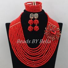 Хит продаж, модные красные нигерийские бусины, Кристальные ожерелья, браслет, серьги, Африканские свадебные бусины, комплект ювелирных изделий, бесплатная доставка ABF374 2024 - купить недорого