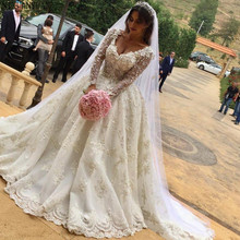 Роскошное стереоскопическое кружевное бальное платье с аппликацией, свадебные платья с длинными рукавами, v-образным вырезом и бусинами, свадебные платья с жемчугом, Vestidos De Novia 2024 - купить недорого