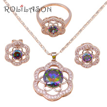 Top qualtiy Rainbow  flower Set Silver Stamped Zirconia Jewelry Pendants Earrings ring Set size 7 8 9 JS557 2024 - buy cheap