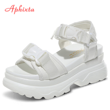 Aphixta sandálias plataforma femininas, sapatos de salto alto com fivela, de lona, sola grossa, de verão, para praia 2024 - compre barato