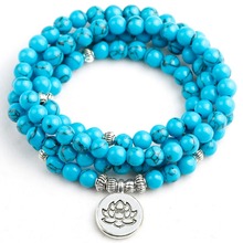 108 Mala Lotus Buddha Tree Charm Women Blue Howlite Jewelry Prayer 6MM Beads Healing Stone Bracelet Men Lucky Gift 2024 - buy cheap