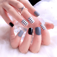 Girls White Grid Patterns Acrylic Fake Nails Women Simple Casual Artificial Nail With Glue Fashion Black Grey Color False Nails 2024 - buy cheap