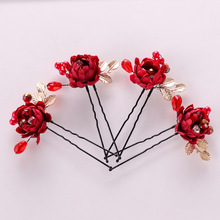 XIAOJINGLING 1Pcs Vintage Red Flowers Hair Jewelry Gold Leaves Wedding Bride Hair Pins Charm Hair Accessories Jewelry Party Gift 2024 - buy cheap