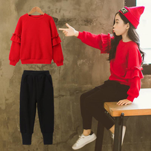 Conjuntos de roupas de algodão para meninas, roupas de outono para adolescentes camiseta vermelha + calças pretas tamanho grande 3 4 6 8 10 anos 2024 - compre barato