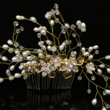 Peineta para novia de boda, color dorado, flor, cristal, perla, decoración para el pelo 2024 - compra barato
