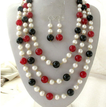 Frete grátis 00494 natural branco redondo fw pearl & red & onyx colar 925 um conjunto de brincos 2024 - compre barato