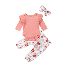 0-18M Toddler Kids Girl Clothes Sets 3pcs Pink Cotton Romper Tops +Flowers Print Long Pants +Headband 2024 - buy cheap