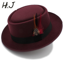 Fashion Women Pork Pie Hat Dad Wool Flat Fedora Hat Lady Lady Queen Gambler Panama Trilby Hat with Fashion Feather Size 58cm 2024 - buy cheap