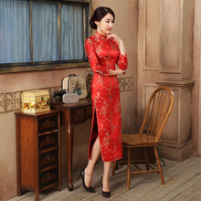 Red Chinese Bride Wedding Party Qipao Dress Sexy Women Satin Long Sleeve Cheongsam Dragon Phoenix Vestidos S M L XL XXL 2024 - buy cheap