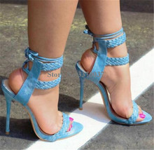 Summer New Fashion Open Toe Suede Leather Stiletto Heel Gladiator Sandals Ankle Lace-up Blue High Heel Sandals Club Shoes 2024 - buy cheap