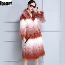 Nerazzurri Winter Long Warm faux fur coat Women with Hood Gradient Shaggy hairy fake Mongolia sheep fur outerwear Koaren fashion 2024 - buy cheap