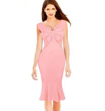 Dew back Elegant Summer Bow Party Work Sheath Bodycon Slash Solid Dresses Casual Mermaid dress Cap sleeves Sexy club Dress pink 2024 - buy cheap