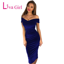 LIVA GIRL-elegante vestido Midi ajustado de terciopelo para Mujer, vestido elegante con hombros descubiertos, fruncido, negro, azul, XXL 2024 - compra barato