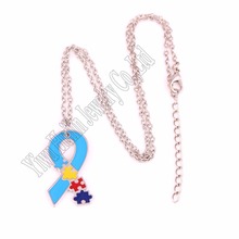 New Arrival Drop shipping Autism Hope rhodium plated Autism Awareness puzzle Piece Ribbon Pendant with Link chain necklace 2024 - buy cheap