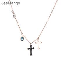JeeMango Stainless Steel Jewelry Hollow Out & Black Crystals Corss Pendant Necklace Rose Gold Color Chain New Year Gift N18271 2024 - buy cheap