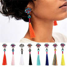 Julie Wang Bohemian Rhinestones Silk Tassel Alloy Stud Earrings Women Wedding Cotton Tassel Hanging Earrings Fashion Jewelry 2024 - buy cheap