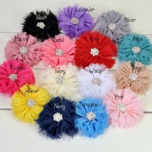 30 pçs/lote 15 cores artificial desgastado chiffon flor com neve strass botão tecido fofo flores para o bebê headbands 2024 - compre barato