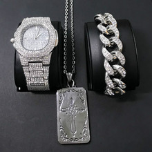Luxury Men Watch Hip Hop Jewelry Watch & Bracelet & Necklace Cards Set Ice Out Cuban Watch Hip Hop Crystal Miami Necklace Set 2024 - buy cheap