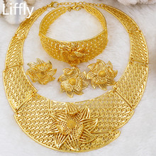Liffly Nigeria Bridal Gift Fashion Dubai Gold Jewelry Sets for Women Luxury Big Necklace Ring Wedding Earrings Costume Jewelry 2024 - buy cheap