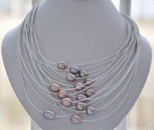 Elegant Handmade Real Pearl Jewelry 15 Rows 13mm Lavender Rice Freshwater Pearl White Leather Necklace 20inch 2024 - buy cheap