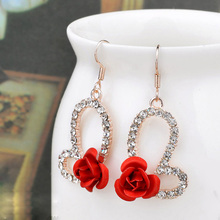 Korea Style Fashion Temperament Crystal Red Rose Flower Heart Dangle Drop Earrings for Women Wedding Party 2024 - buy cheap