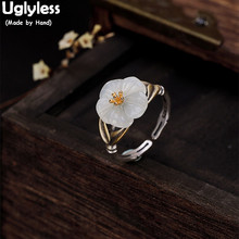 Anel 100% de prata esterlina 925 real uglin, anel feminino de flor de jade natural artesanal com folhas de bambu aberto 2024 - compre barato