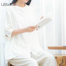 Женская Осенняя рубашка, белая и пеньковая Ретро блузка с рукавом три четверти и воротником-стойкой, однотонная блузка с асимметричным подолом, топ USWMIE, 2020 2024 - купить недорого