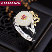 2019 Initial Adjustable Ring 100% 925 Sterling Silver Jewelry Women bohemian Mosaic natural jade Plum blossom Wedding Ring R27 2024 - buy cheap