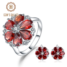 GEM'S BALLET Solid 925 Sterling Silver Earrings Ring Set Natural Red Garnet Flower Jewelry Set For Women Wedding Fine Jewelry 2024 - buy cheap